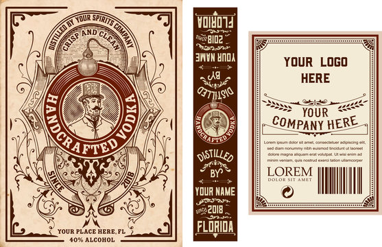 Vintage liquor labels template. Front, back and top sides