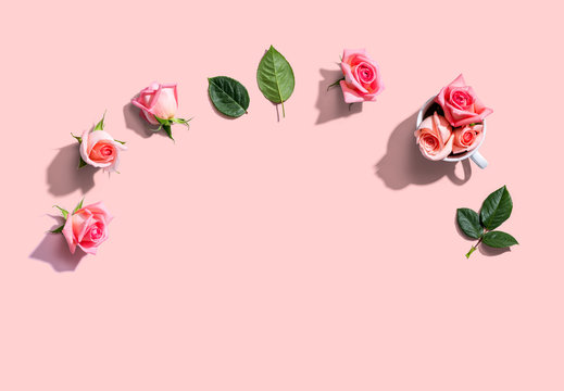 Pink Roses With Green Leaves Overhead View - Flat Lay