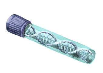 DNA molecule in a test tube. Concept of genetics , extracorporeal conception.. Hand drawn watercolor illustration isolated on white background