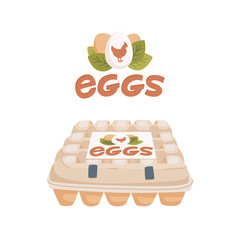 Chicken eggs in the package. Egg cardboard box and Fresh farm eggs logo. Eco product. Flat style vector illustration.