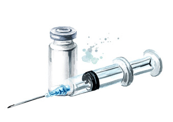 Vaccine and syringe injection set. Prevention, immunization and treatment from coronavirus infection. Epidemic and pandemic concept. Hand drawn watercolor illustration isolated on white background