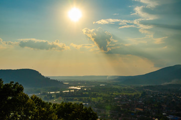Epic panorama of a small town locating in a valley among the mountains
