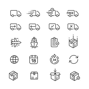 Set of simple linear shipping icons vector design. Delivery, tracking, transportation signs.