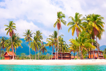 Palm trees, sea and wooden bungalows, view from the water to the tropical coast