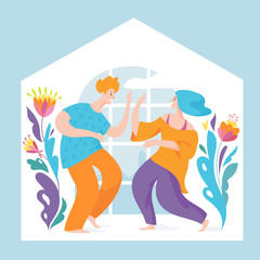 Obraz na płótnie Canvas Stay home vector quarantine illustration with brave people spend time at home