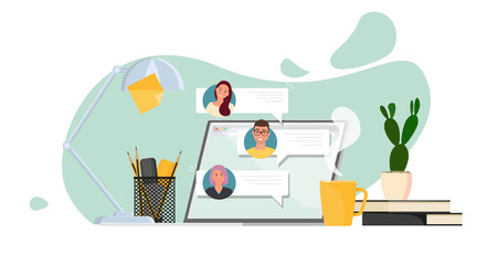 A laptop chat message, notifications vector illustration cactus, cup, books, lamp, workplace