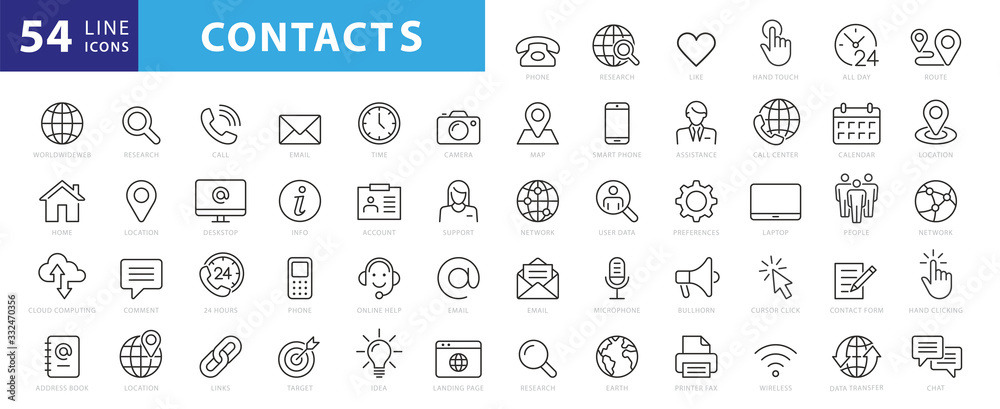 Aufkleber set of 54 contact us web icons in line style. web and mobile icon. chat, support, message, phone. ve