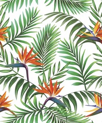 Exotic tropical flowers  hibiscus palm leaves pattern seamless. Jungle vector vintage wallpaper