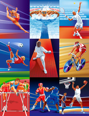 Set of sports vector illustrations. 9 sports: gymnastics, swimming, lawn tennis, football, fencing, track Cycling, steeplechase, Boxing, basketball - obrazy, fototapety, plakaty