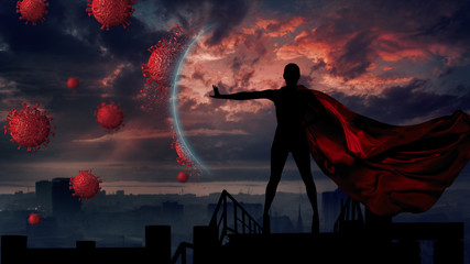 Portrait of young hero woman with super person red cape protect city - obrazy, fototapety, plakaty