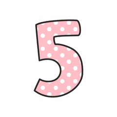 Number 5 with white polka dots on pink, vector illustration isolated on white background