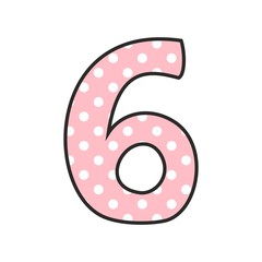 Number 6 with white polka dots on pink, vector illustration isolated on white background