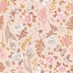 Pink seamless pattern with flowers.