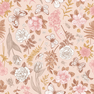 Pink Seamless Pattern With Flowers.