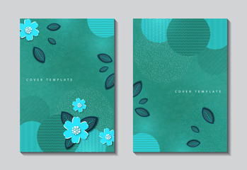 Set of greeting cards. Abstract background, circles, lines, dots, flowers and leaves cut out of paper. Trendy graphic design for banner, poster, card, cover, invitation, brochure.