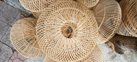.A variety of Balinese souvenirs and crafts for tourist sales. Rattan, teak and woodwork in Bali