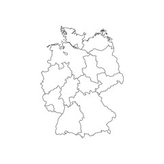 Map of Germany devided to 13 federal states and 3 city-states - Berlin, Bremen and Hamburg, Europe. Simple flat blank white vector map with black outlines.