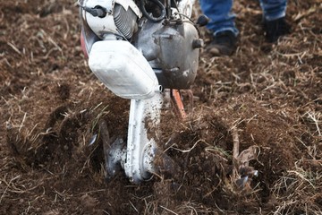 photograph of man passing a hand tiller preparing the land for planting