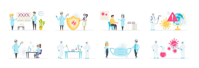 Battle the coronavirus pandemic. Medical activities to prevent any diseases and viruses. Laboratory research and vaccine development vector illustration. Coronavirus quarantine and disinfection scenes