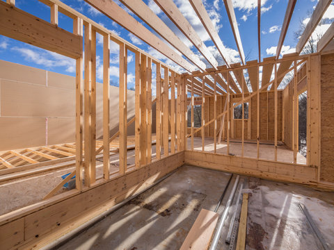 View of interior construction framing of new housing