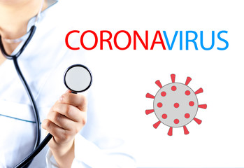 The doctor holds a black stethoscope with his hand. Concept: fight against coronavirus covid-19