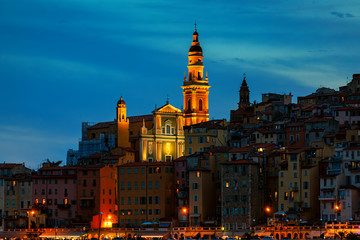 Evening view on old town of Menton, France.
