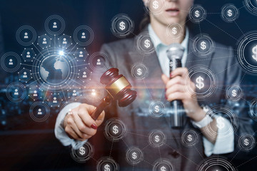 The auctioneer holds an auction on the Internet .