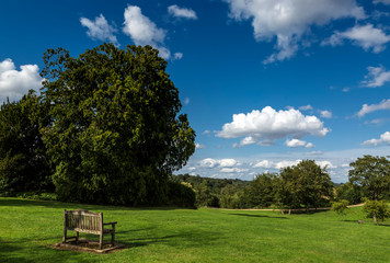 Wooden bench in Great Tew, Oxfordshire, Cotswolds, England