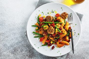 Beef or pork fillet chunks cooked with vegetables