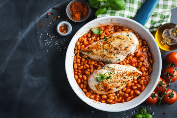 Chicken breast fillet cooked with beans and herbs
