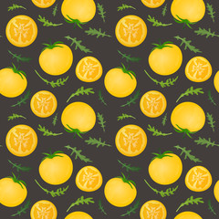 Yellow tomatoes on dark background. Tomato vegetable with arugula leaves. Vector illustration. Seamless pattern.