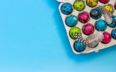Easter composition with quail eggs and various feathers on a blue background. Greeting card. Flat lay. Copy space for text.