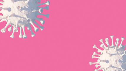 Coronavirus white virus cells abstract pink background. 2019-ncov virus infection pandemic banner. 3d rendering.