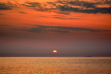 Beautiful dawn sunrise at sea. Seascape. Black Sea