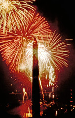 Fireworks display seen from the Lincoln Memorial looking east at the Washington Monument.