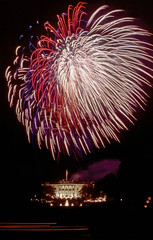 Fireworks over the White  House as seen from the Ellipse looking due North at the South Lawn and the fountain of the White House.