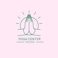 Yoga or meditation center concept logo. Vector illustration with  abstract silhouette of hands which  putted to pray and meditating. sunshine behind its