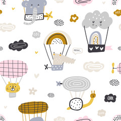 Cute seamless pattern with animals, balloons and clouds for baby apparel, cloth texture, textile or decoration. Pastel colors.