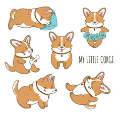 Fototapeta premium Set of cute corgi dogs. Little puppies are standing, eating, dancing, sleeping, jumping. My little corgi text. Isolated objects. Vector cartoon illustration for print, t-shirt, postcard, stickers.