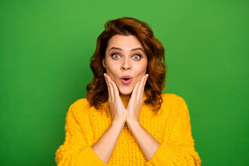 Close up photo of astonished woman look good incredible fall novelty impressed touch hands cheeks scream shout wear sweater isolated over bright color background