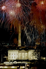 Washington, D.C. USA, January 18, 1985  Fireworks explode over the White House in celebration of President Ronald Reagan's 2nd Inaugural. 