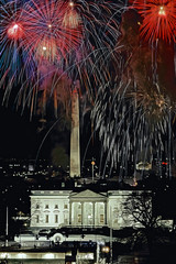 Washington, D.C. USA, January 18, 1985  Fireworks explode over the White House in celebration of President Ronald Reagan's 2nd Inaugural. 