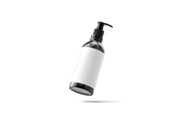 Blank black glass pump bottle with white label mockup