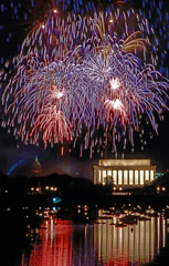 Washington, DC. USA, July 4, 1991  Annual July 4th fireworks display over the Lincoln Memorial as seen from the Virginia side of the Potomac River.