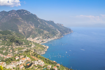Fototapeta na wymiar Panoramic view to the Amalfi coast from the Villa Cimbrone, Italy