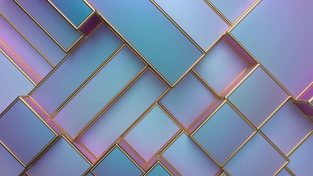 Pearlescent moving cubic surface. Changing tiles. Motion design pattern. 3d loop animation. Dynamic boxes with golden frames. 4K seamless technology composition. Abstract background