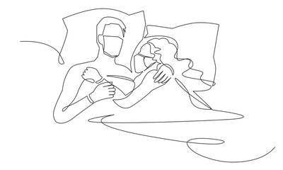 Continuous one line drawing of love in quarantine times. Couple hugs in protective medical masks vector illustration. Air pollution concept couple wearing protective face mask