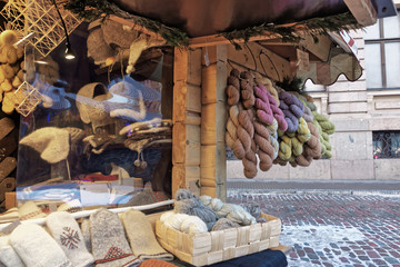 Knitted goods displayed for sale at the Christmas market in Riga
