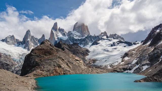 Zoom out time lapse view of Mount Fitz Roy and Laguna de los Tres in El Chalten, Patagonia Argentina, South America.