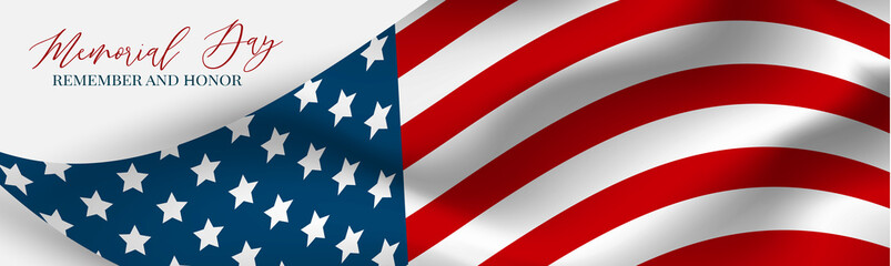 Memorial Day banner, website or newsletter header. Background with American national flag. United States of America holiday. Vector illustration.